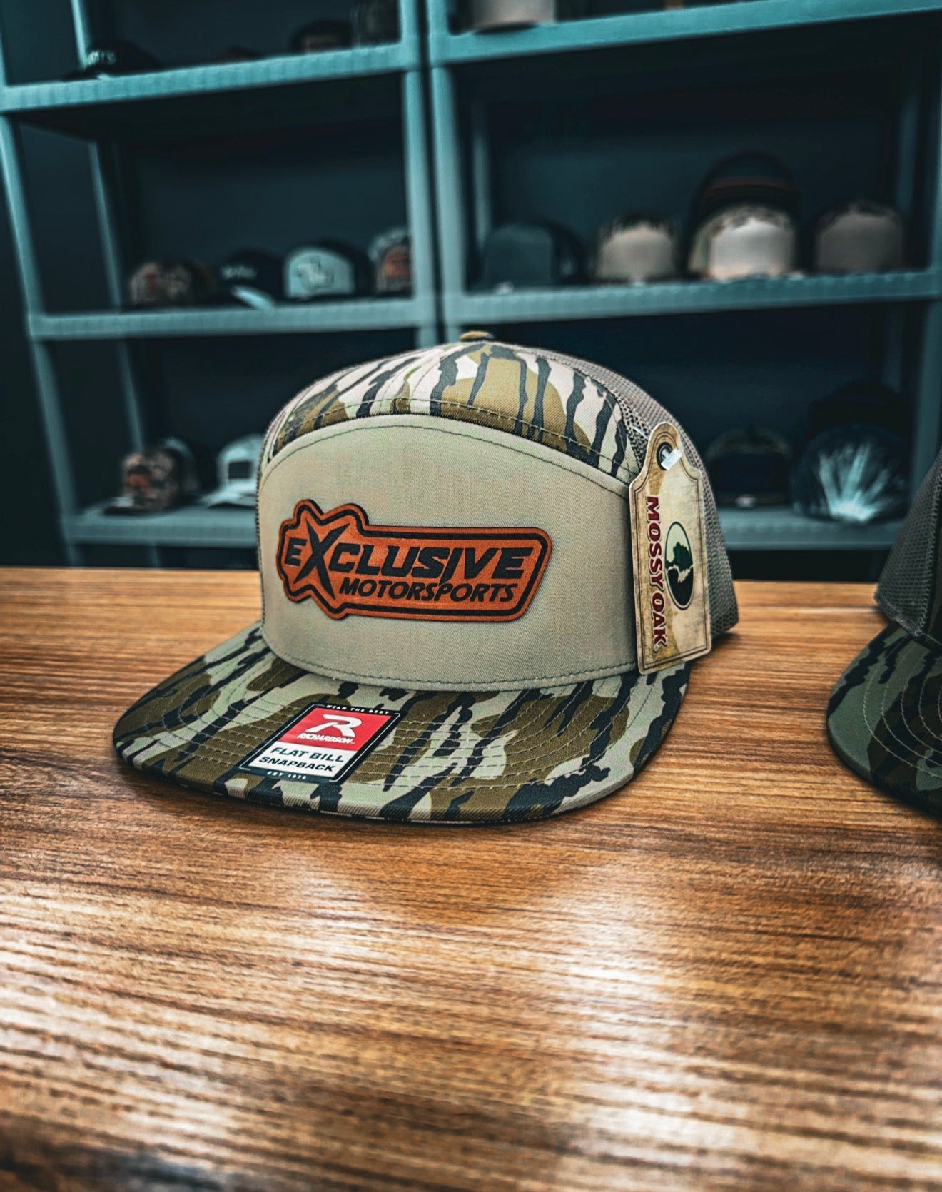 Exclusive 7 panel bottomland camo tan front snapback