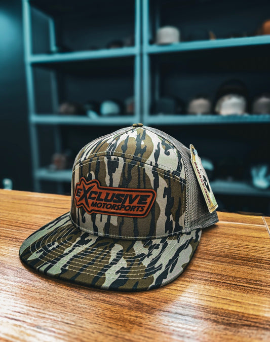 Exclusive 7 panel bottomland camo snapback hat